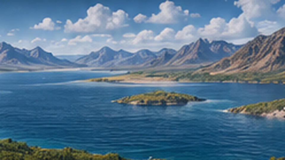Hypothetical warm Mars landscape with a broad blue lake beneath clouds and mountain ridges.