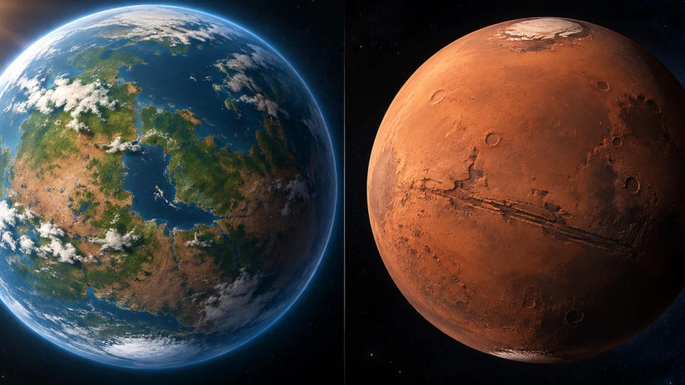 Side-by-side visualization of a hypothetical warm wet Mars and the cold red Mars of today.