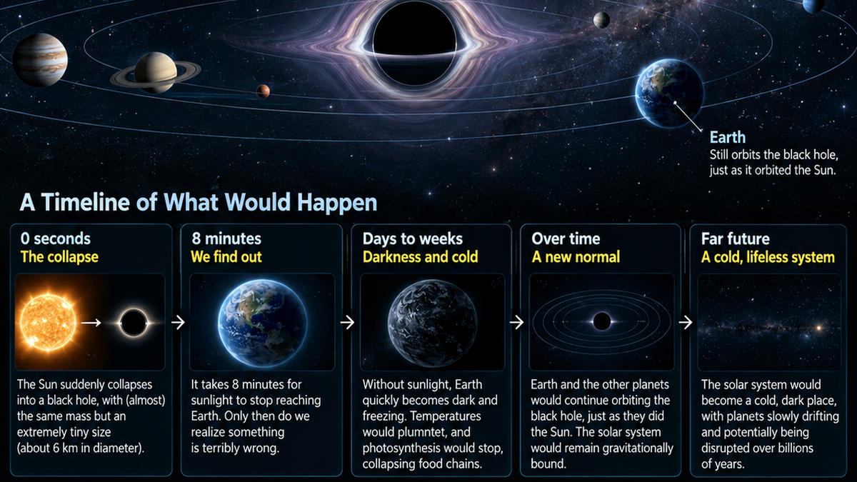 Diagram of Earth and planets continuing to orbit a black hole with the Sun's mass