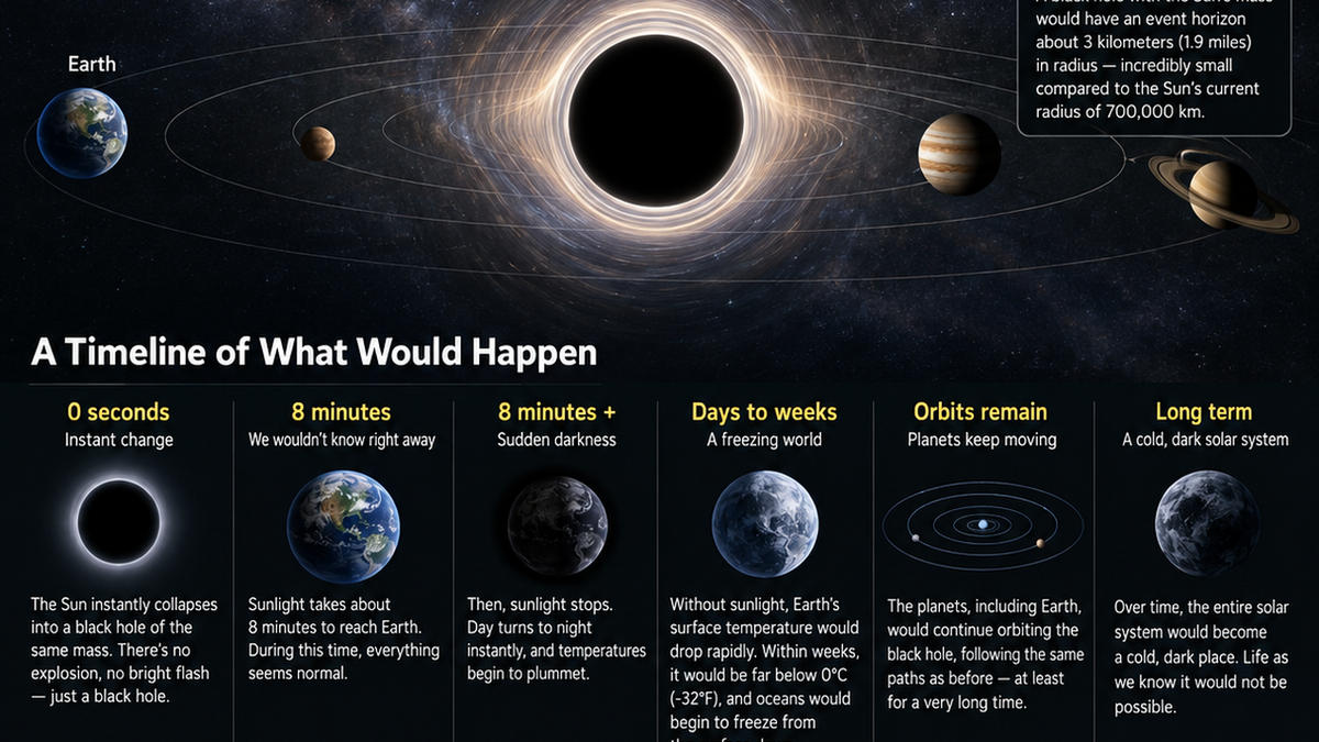 Scientific visualization comparing a solar-mass black hole with the former size of the Sun