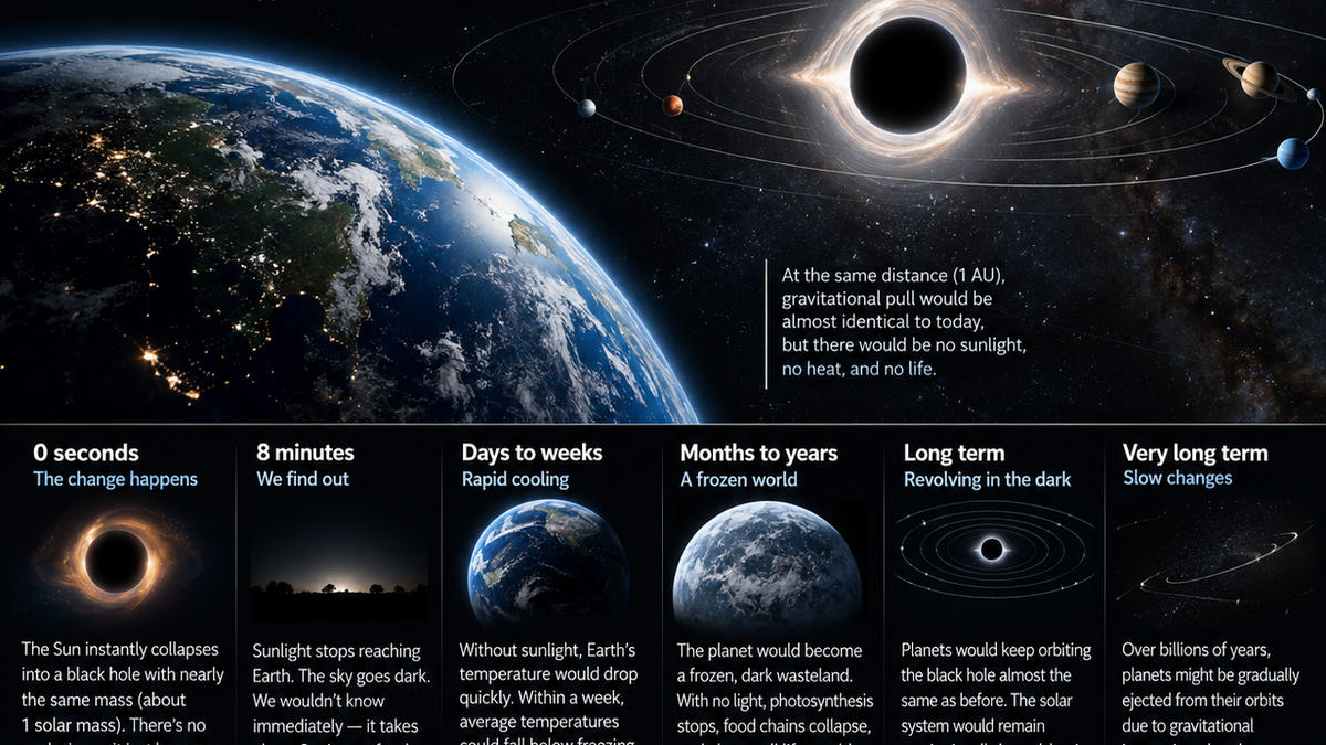Earth entering darkness after sunlight stops arriving from a black hole Sun