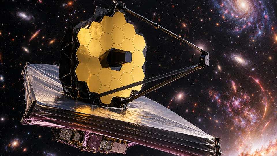 James Webb Space Telescope with its gold mirror and layered sunshield against a field of distant galaxies