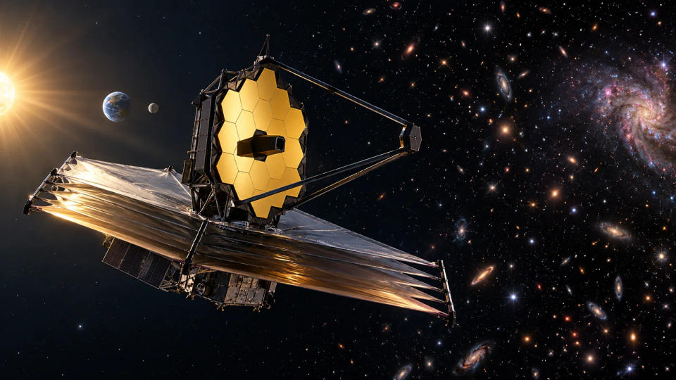 James Webb Space Telescope operating in deep space with the Sun, Earth, and Moon aligned on its shielded side