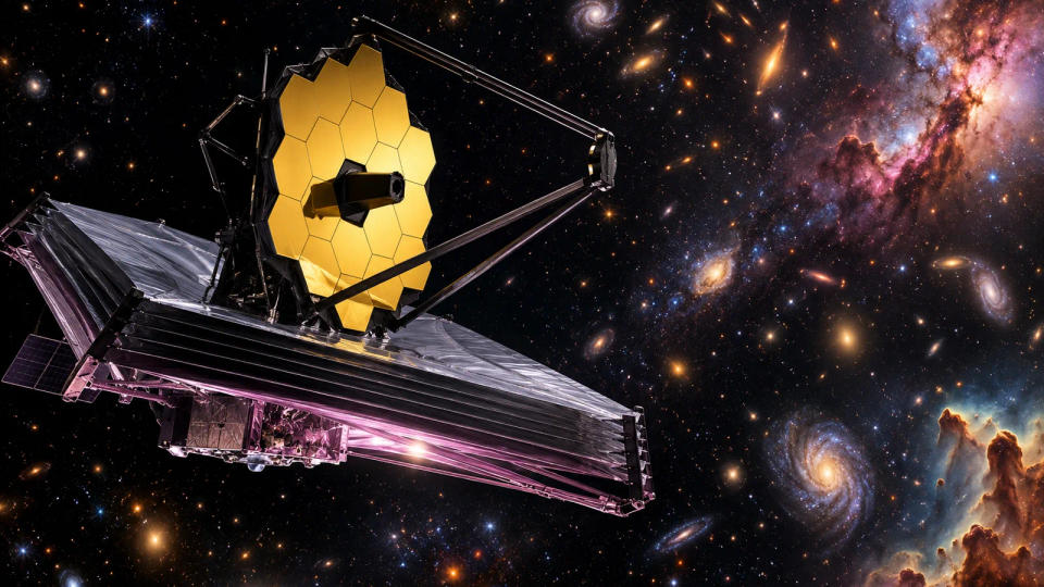 James Webb Space Telescope facing a deep field filled with galaxies, glowing nebulae, and dusty star-forming structures