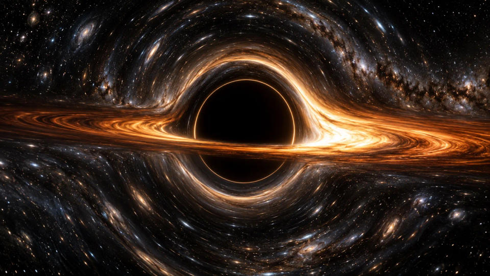 A supermassive black hole surrounded by a glowing accretion disk and a gravitationally warped star field.