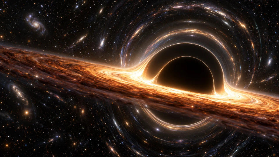 An oblique view of a black hole with a glowing accretion disk and stars stretched into arcs by gravitational lensing.