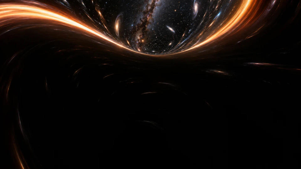 A first-person view from near or just inside a black hole horizon, with darkness dominating and the outside star field compressed into a curved bright region above.