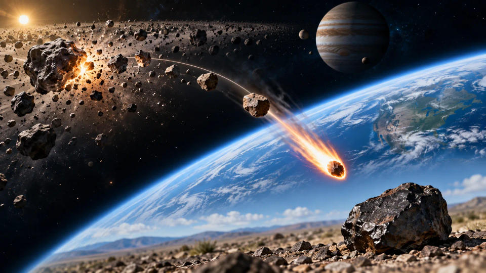 A rocky fragment traveling from a shattered asteroid region toward Earth, ending as a dark meteorite on the ground.