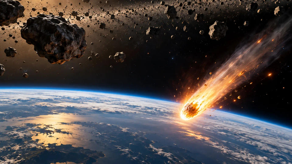 A wide view of the asteroid belt above Earth, with rocky debris and a glowing meteoroid entering the atmosphere.