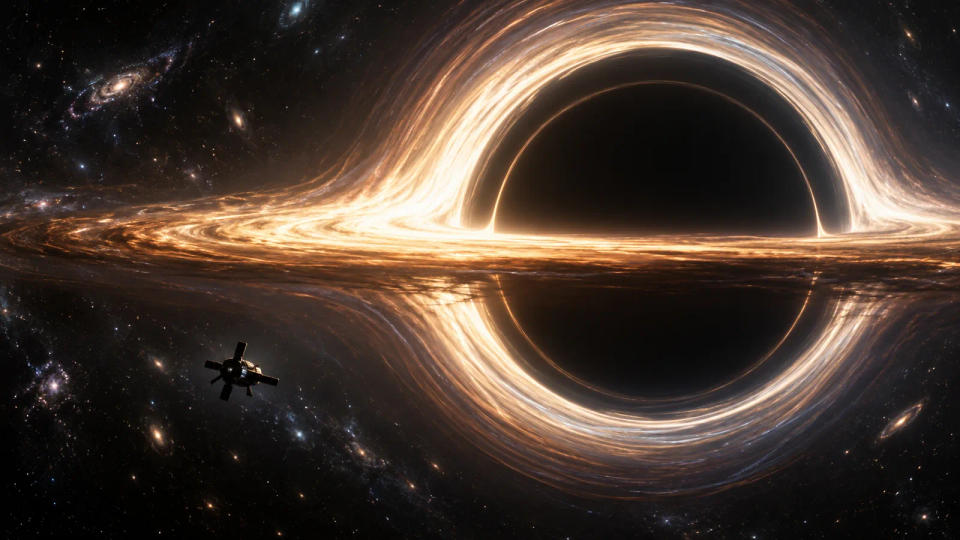 A tiny spacecraft approaching a vast black hole surrounded by a gravitationally warped glowing disk.