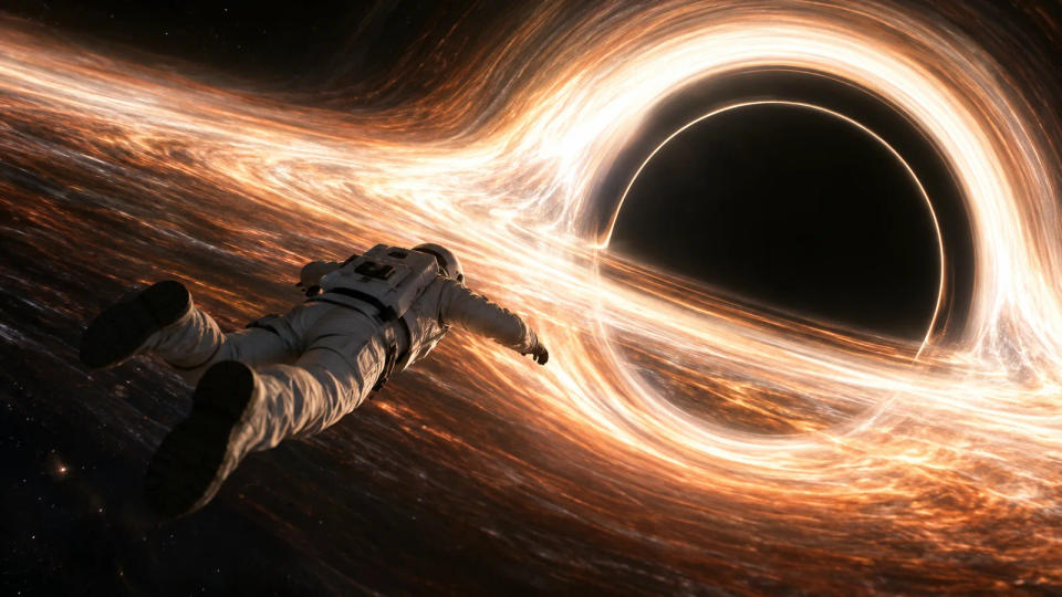 An astronaut falling toward the dark center of a giant black hole, with light bent into bright arcs around it.