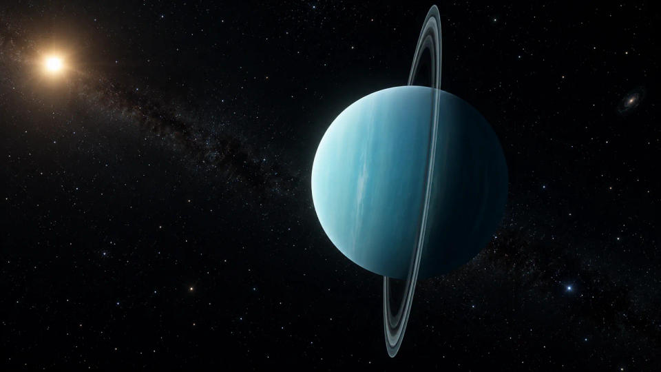 Uranus seen nearly side-on with its rings standing almost vertically as distant sunlight reaches the ice giant
