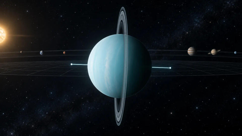 Scientific visualization of Uranus with its nearly horizontal rotation axis crossing the Solar System’s orbital plane