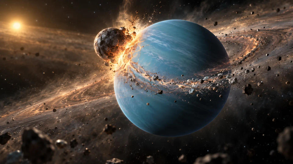 Scientific visualization of a large protoplanet striking young Uranus at an oblique angle and throwing debris into orbit