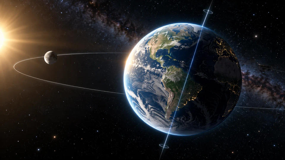 Earth seen from space with a slanted rotational axis, sunlight from the left, and the Moon nearby