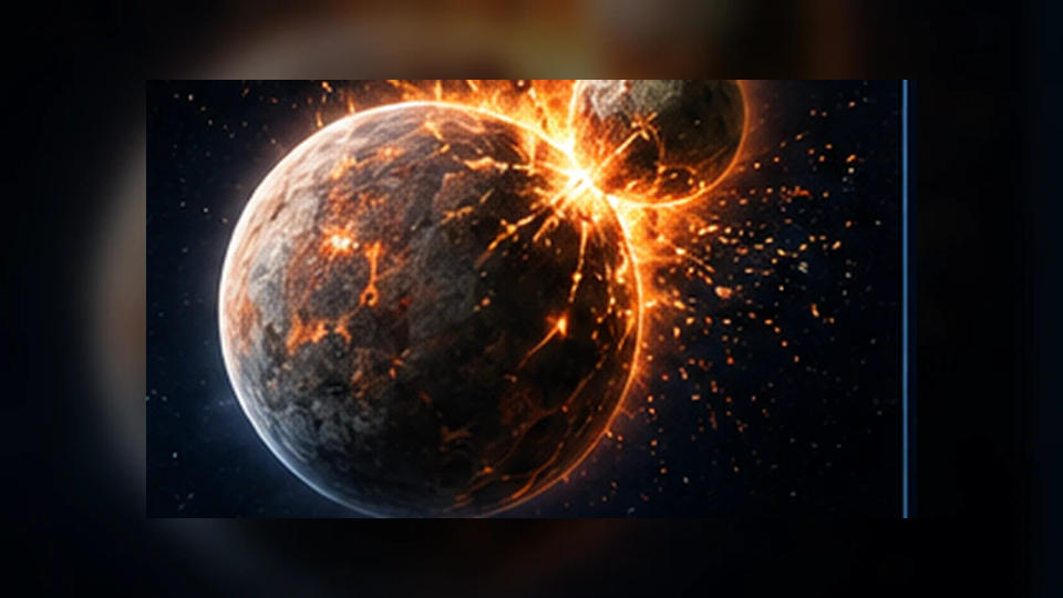 Artist's concept of two hot young planets colliding amid debris in space