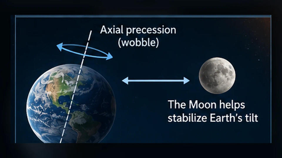 Diagram showing Earth's tilted spin axis, the nearby Moon, and the circular motion of axial precession