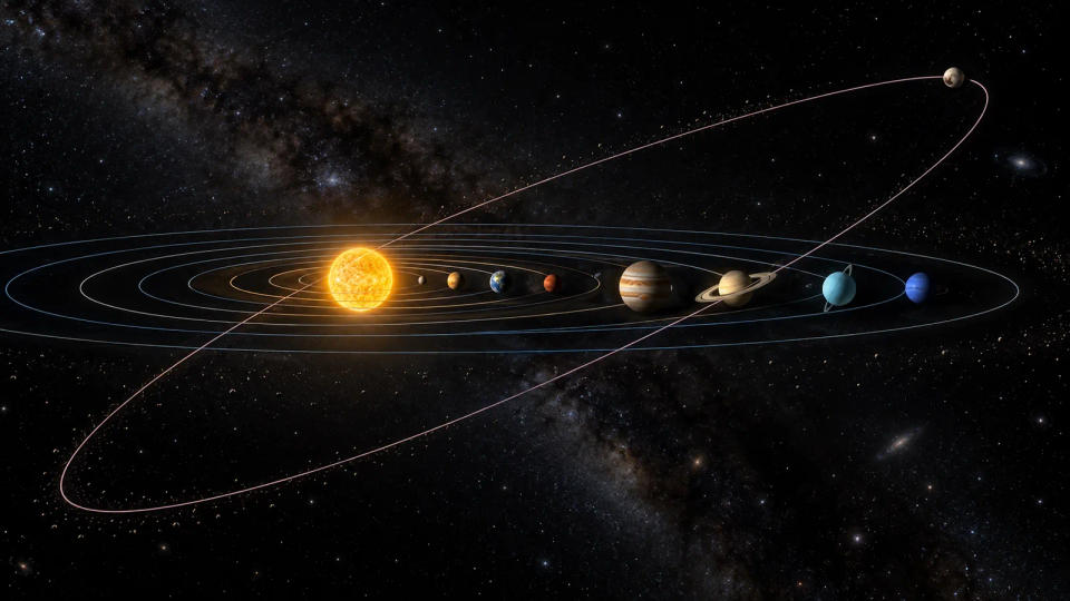 Solar System illustration showing the eight planets near one orbital plane while Pluto follows a strongly tilted elongated orbit