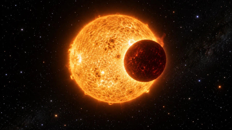 Photorealistic illustrative view of a smaller reddish star crossing the face of a brighter orange star, demonstrating a stellar eclipse.