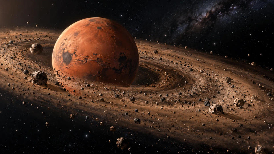 Scientific visualization of young Mars surrounded by a broad debris disk and multiple moonlets forming from impact material.