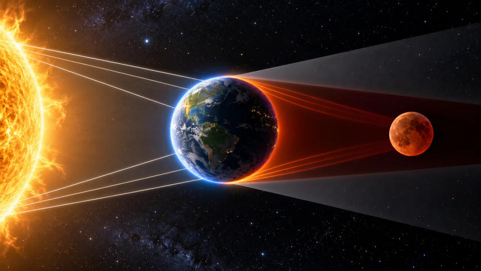 Diagram of the Sun, Earth, and Moon showing red sunlight refracted through Earth’s atmosphere into the lunar eclipse shadow
