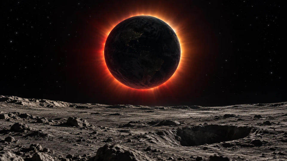 View from the Moon of Earth blocking the Sun, with a red-orange ring of atmosphere glowing around Earth
