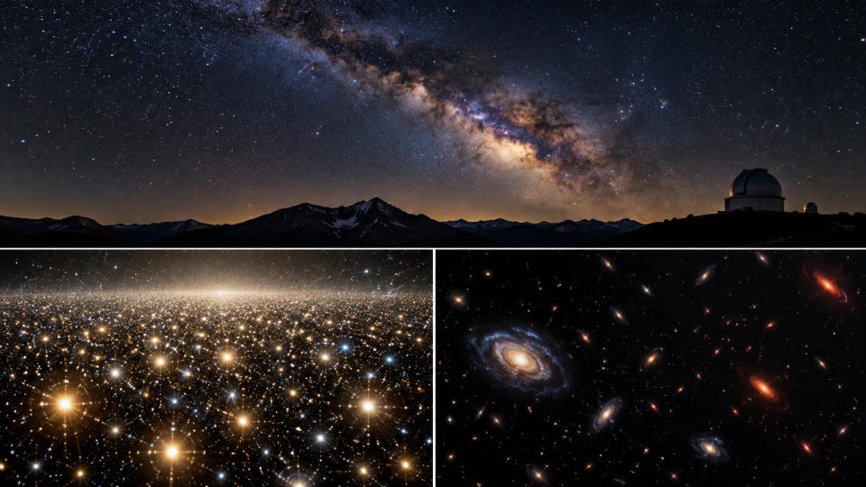 Composite scientific illustration of a dark Milky Way sky, a densely packed star field, and galaxies scattered across deep space.