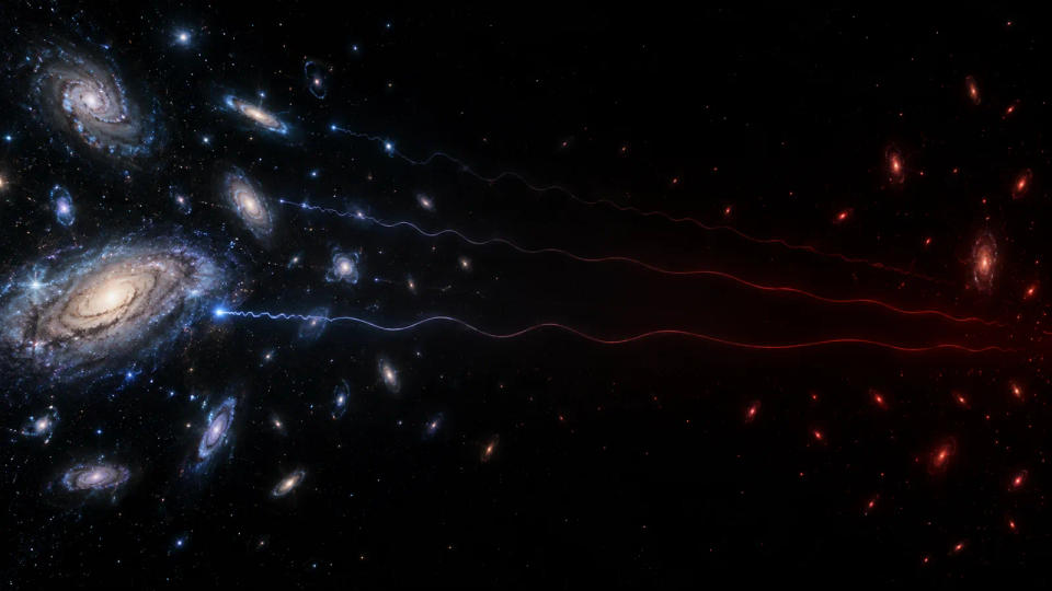 Conceptual illustration of blue nearby galaxies, distant red galaxies, and elongated light waves demonstrating cosmological redshift.