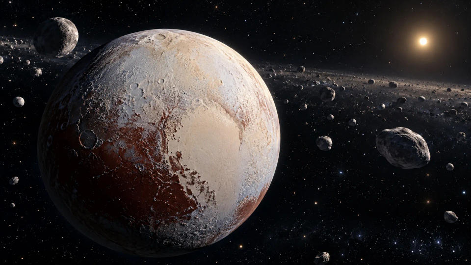 Pluto in the Kuiper Belt surrounded by many icy bodies in its orbital region
