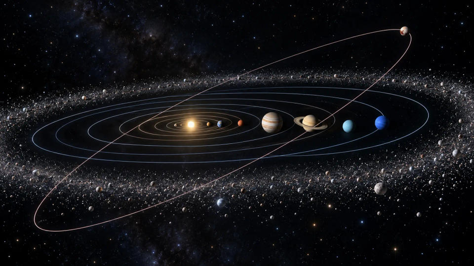 Scientific visualization of Pluto's steeply tilted orbit above and below the main planetary plane and the Kuiper Belt