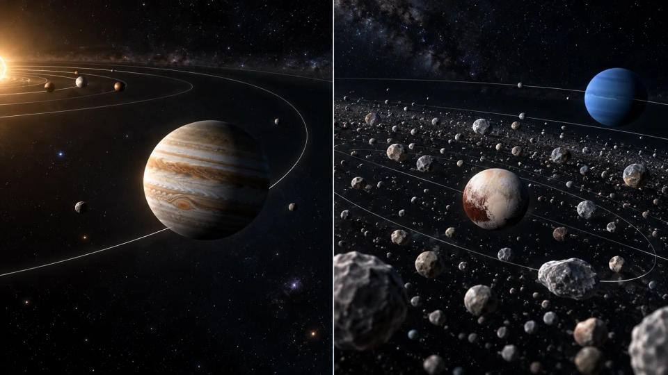 Side-by-side visualization comparing a gravitationally dominant planet's sparse orbital zone with Pluto's crowded Kuiper Belt neighborhood