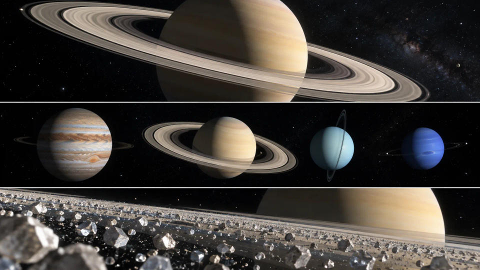 Three-panel space visualization showing Saturn's bright rings, the four giant planets, and icy ring particles close to Saturn
