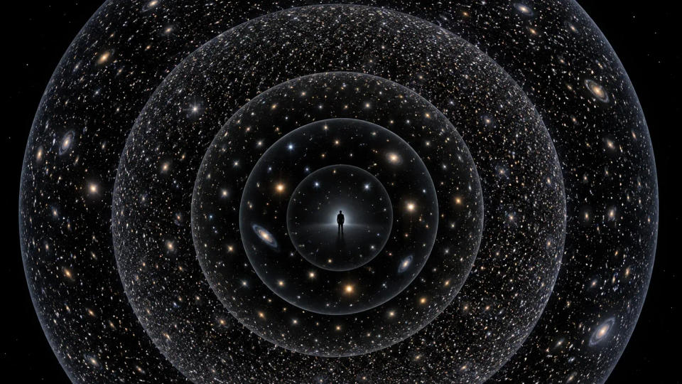 An observer surrounded by concentric shells filled with stars and galaxies, illustrating Olbers’ paradox