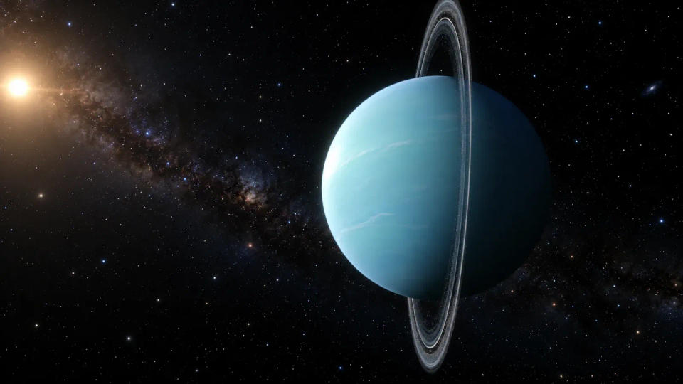 Pale blue Uranus tipped sideways with narrow nearly vertical rings and distant sunlight against dark space