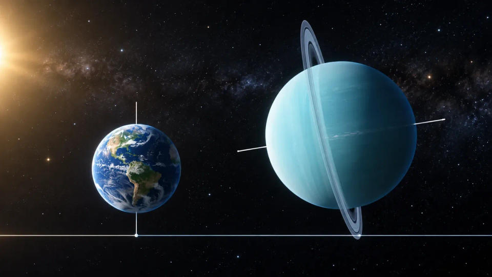 Scientific illustration comparing Earth's nearly upright rotation axis with Uranus's almost horizontal rotation axis and tilted rings