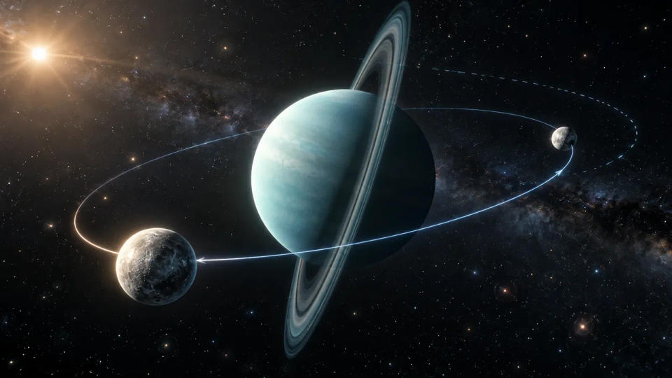 Artist's impression of a hypothetical ancient moon migrating along an orbit near tilted Uranus, with pale rings and distant sunlight
