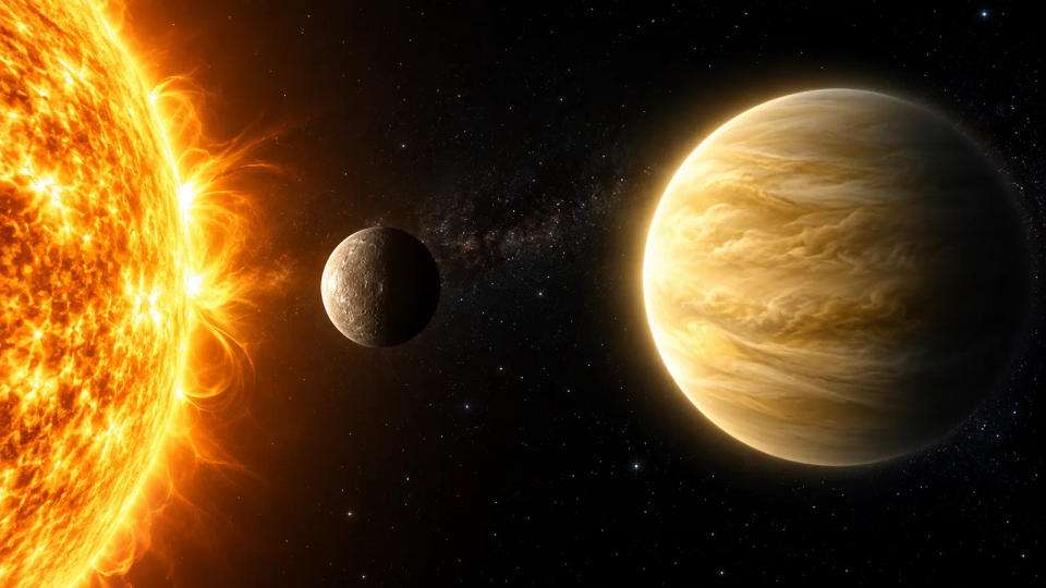 Mercury and Venus shown beside the Sun, with Mercury closer and Venus wrapped in bright clouds.