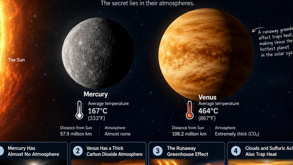 Comparison of Mercury and Venus showing their different average temperatures, distances from the Sun, and atmospheric thicknesses.