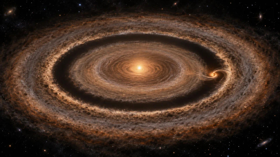 Top-down visualization of a young star surrounded by dusty rings, with a forming giant planet inside a wide disk gap