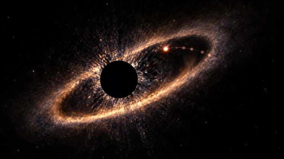 Coronagraph-style visualization of a hidden young star and a faint planet tracked across multiple positions in its dusty disk