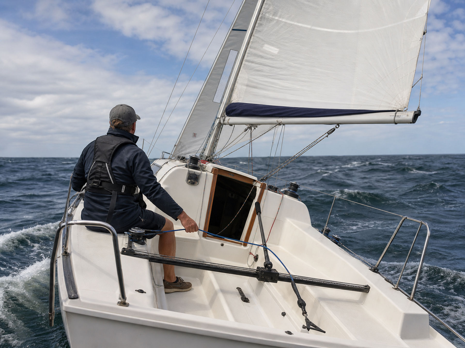 Sailor adjusting the mainsail on deck in stronger wind