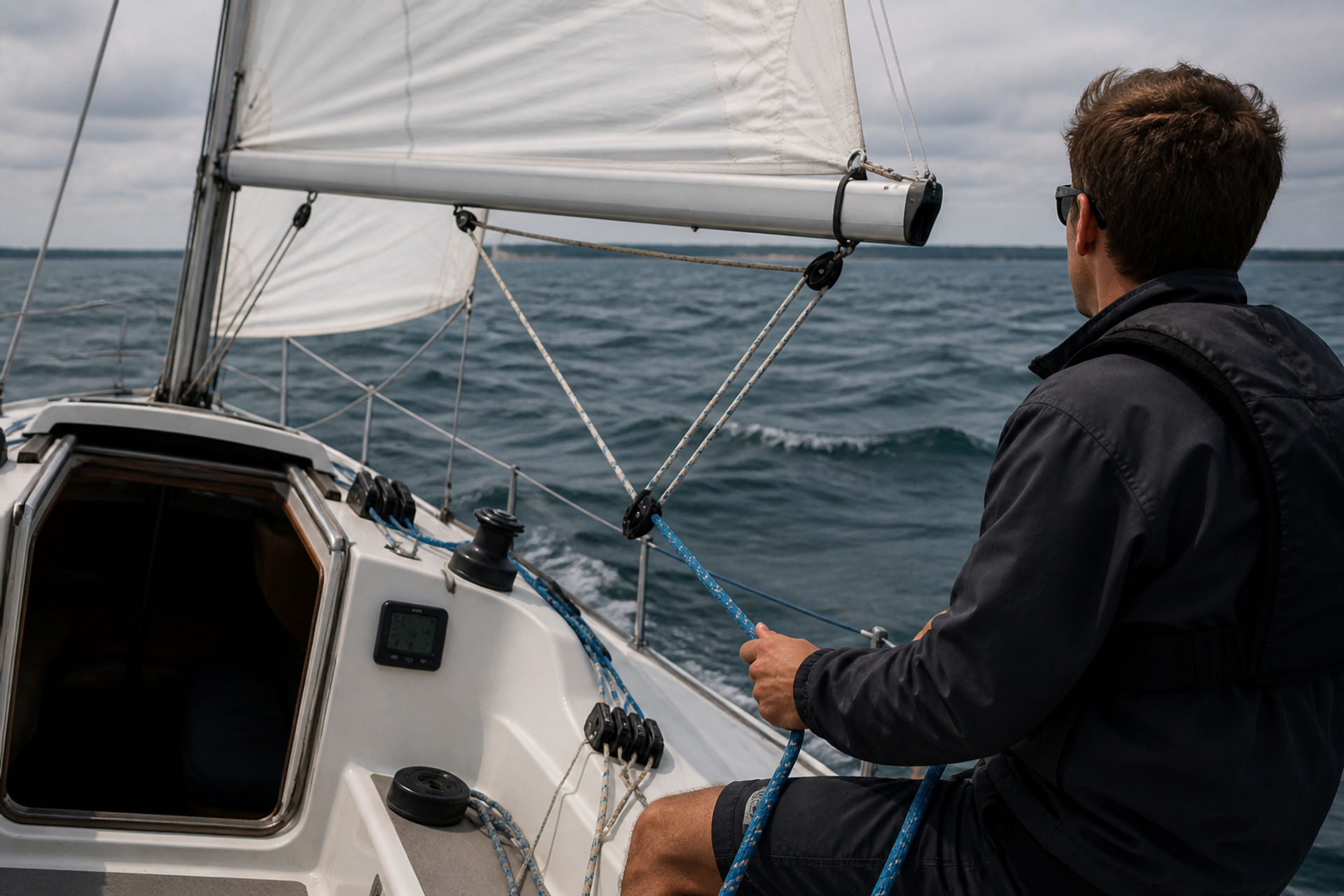 Sailor reefing the mainsail in rough conditions