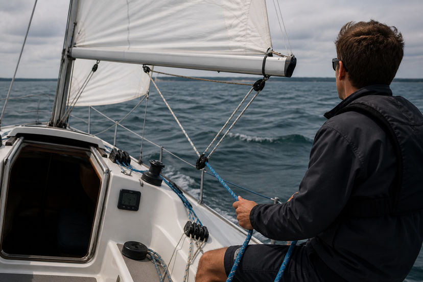 Sailor reefing the mainsail in rough conditions Sailor reefing the mainsail in rough conditions