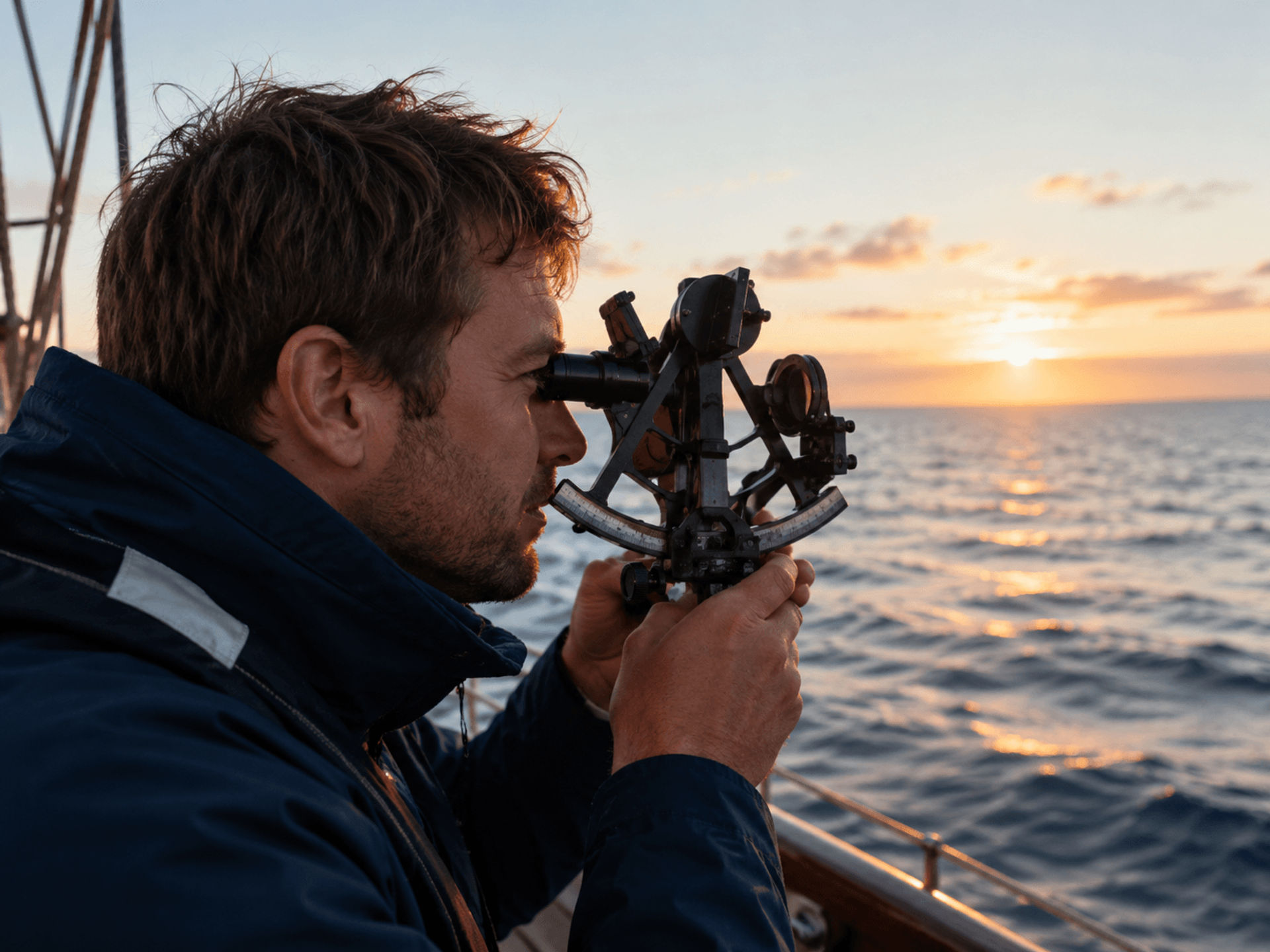 Sextant observation aligning celestial body with the visible horizon.