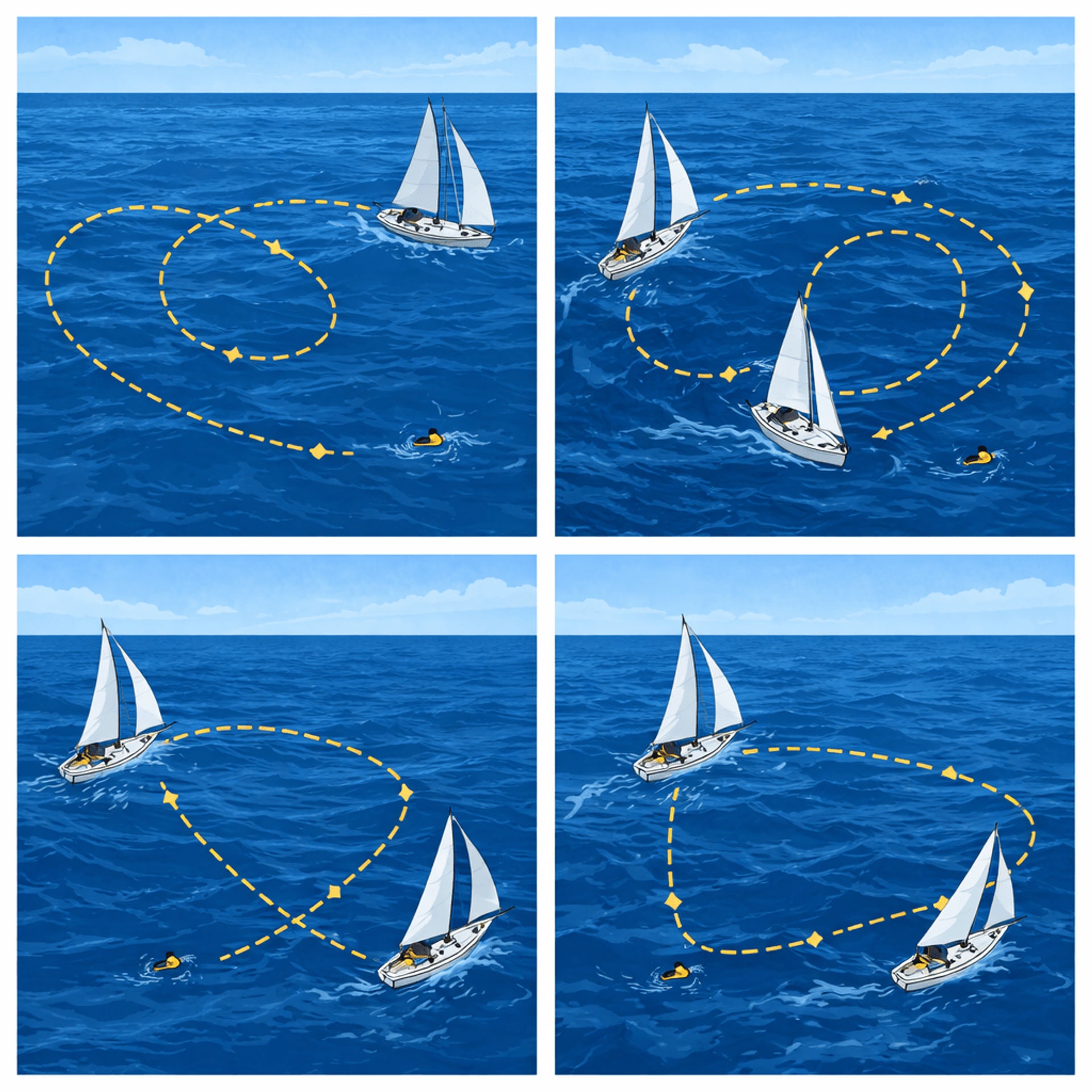 Diagram showing common man overboard recovery maneuvers.