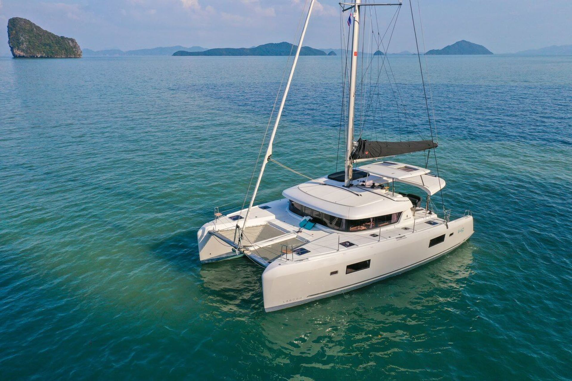 Lagoon 42 Millennium catamaran exterior, sailing in Marina del Rey.