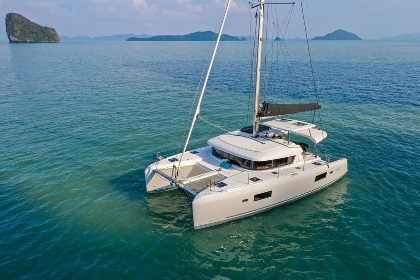 Lagoon 42 Millennium catamaran exterior, sailing in Marina del Rey. Lagoon 42 Millennium catamaran exterior, sailing in Marina del Rey.