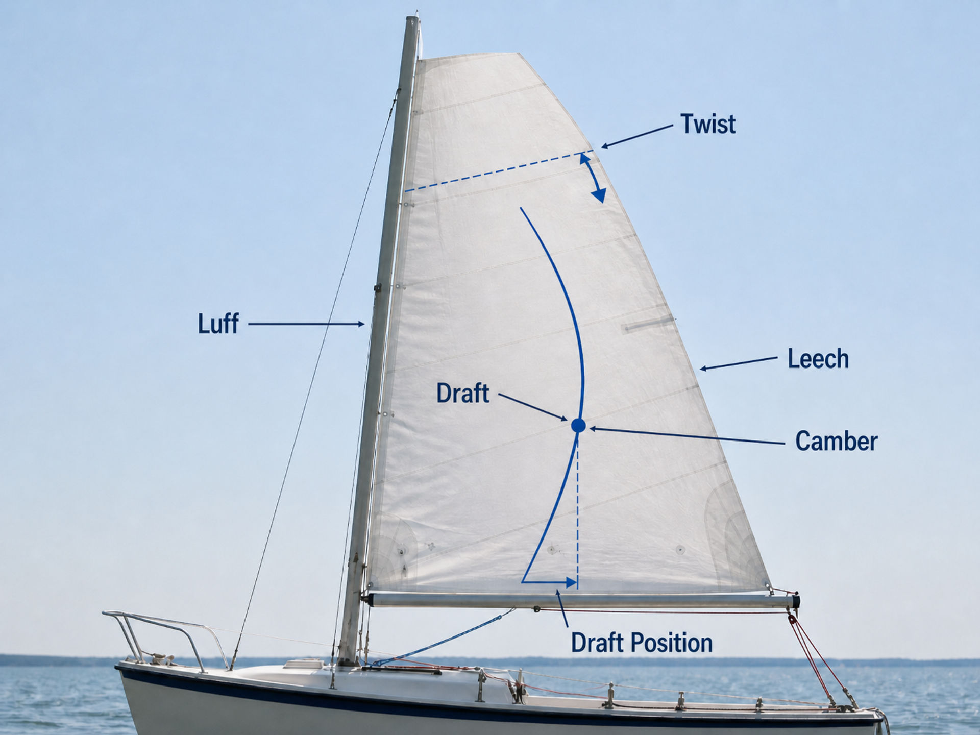 Sail shape diagram showing luff, leech, draft, camber, twist, and draft position