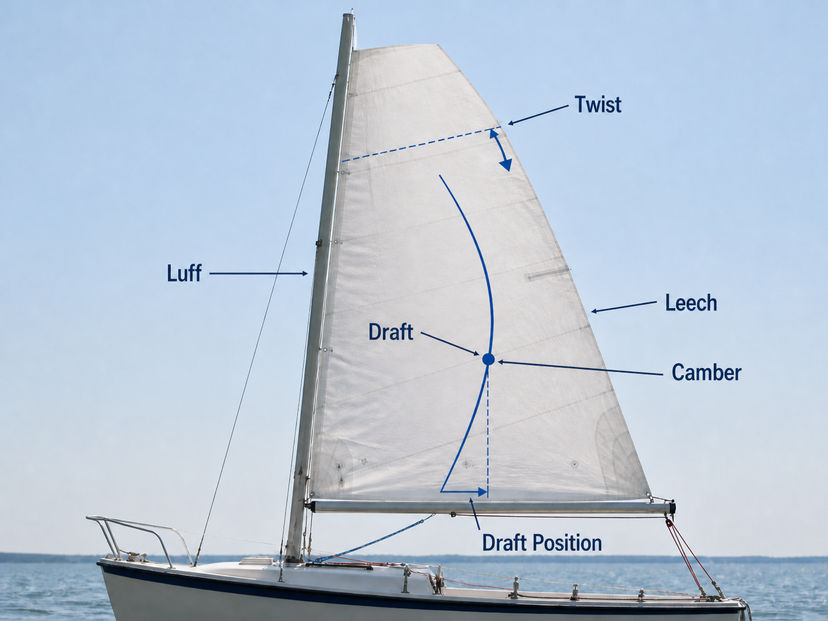 Sail shape draft, twist, camber, and luff diagram Sail shape draft, twist, camber, and luff diagram