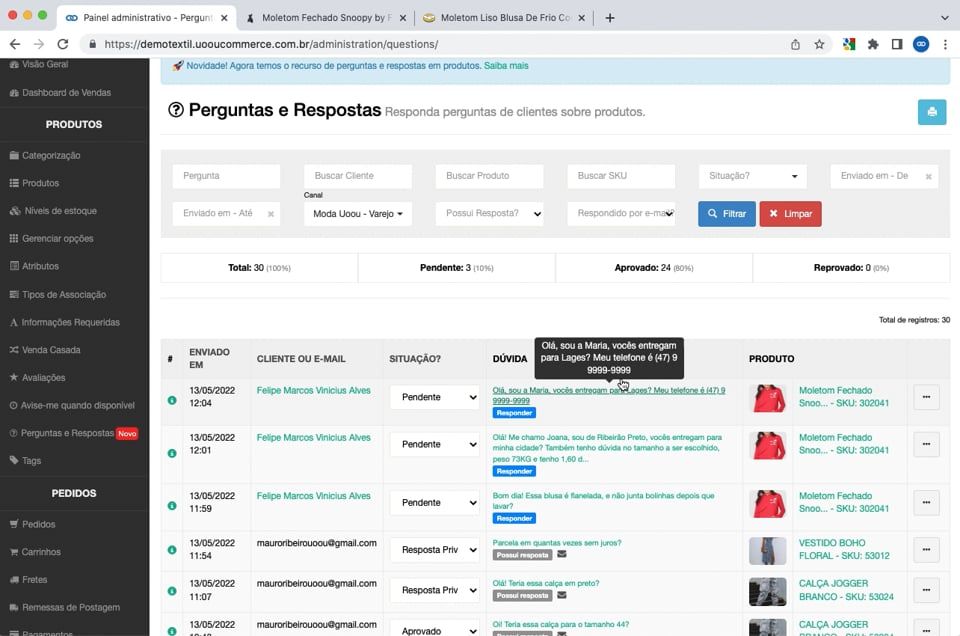 Imagem do v&iacute;deo Produto - Perguntas e Respostas - Como responder perguntas de forma privada